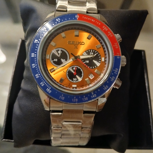 Seiko Propex Orange Dial Men's Chronograph with Blue and Red Bezel